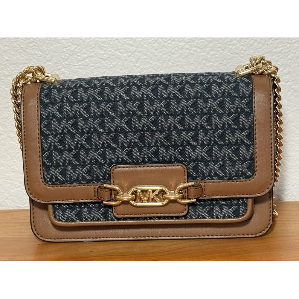 Michael Kors Heather Signature Logo Blue Denim Jacquard Crossbody Shoulder Bag